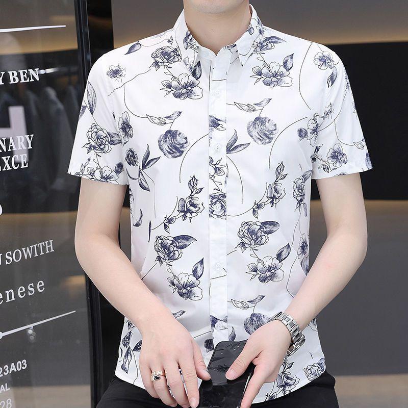 Printed Short-sleeved Shirt Men's Summer Trend Handsome Ice Silk Shirt Casual Handsome Summer Fashion Men's Inch Clothes