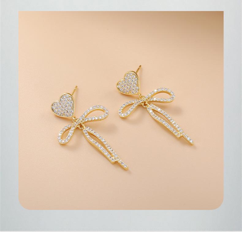 Shining Pearl Heart Bow Earrings: Women’s Korean Style with High-End Elegance and Personality