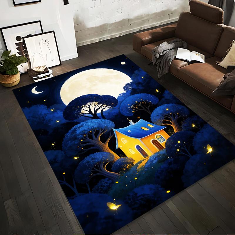 Cozy Cottage Night Scene Carpet with Moonlight and Glowing Forest Suitable for use as an anti-slip for living room bedroom sofas