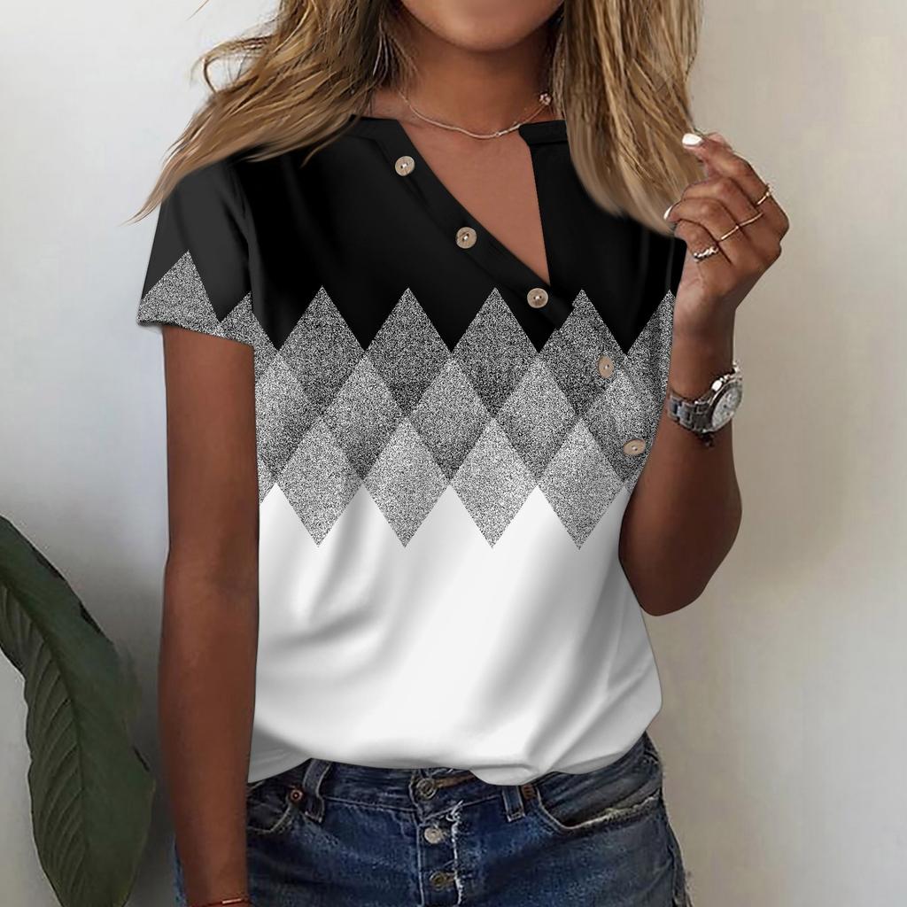 Жен. Футболка Футболка С принтом Пуговицы С короткими рукавами Повседневные Выходные Мода V-образный вырез Обычный Топ
