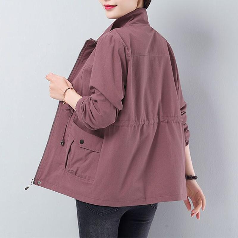 Двухслойная женская ветровка больших размеров на весну-осень в Корейском стиле с подкладкой на шнурке и воротником-стойкой на талии
