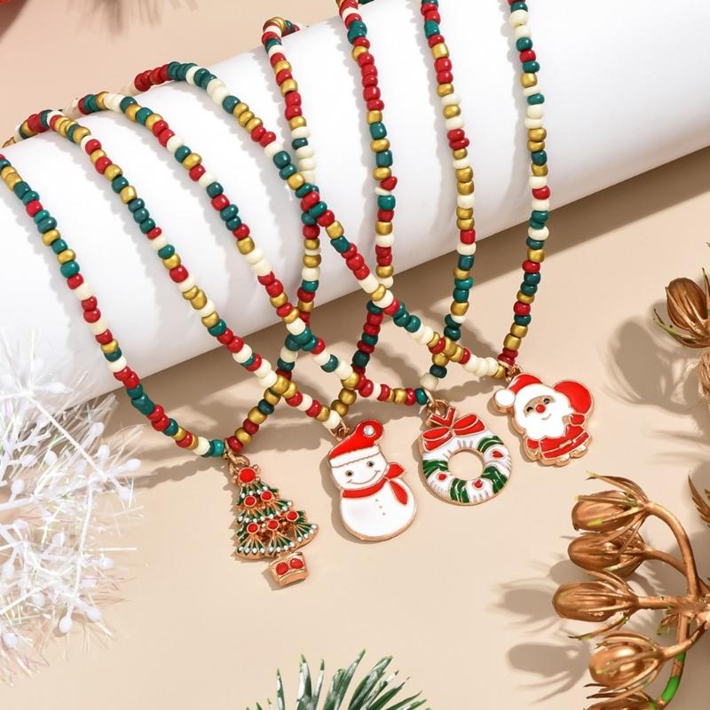 Rice Beads Christmas Tree Necklace Handmade Christmas Necklace for Women Colorful Beads and Festive Ornament Charm