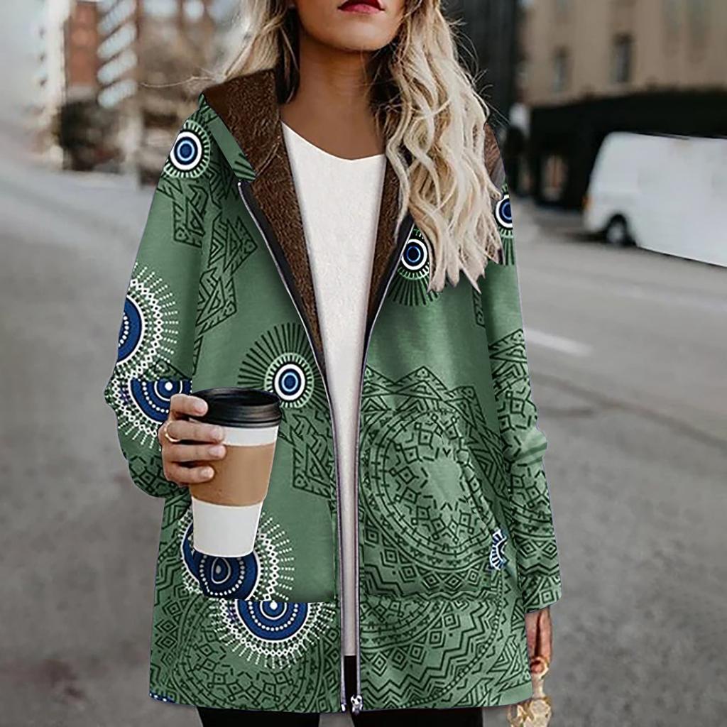 Женская повседневная верхняя одежда, зимнее теплое пальто с ретро-принтом и карманами на молнии с капюшоном, толстое пальто больших размеров