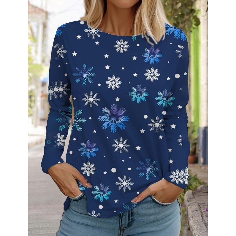 Рождественская снежинка женская футболка с длинными рукавами и круглым вырезом осенняя новая модная одежда с изображением лося праздничная модная футболка для вечеринок топы