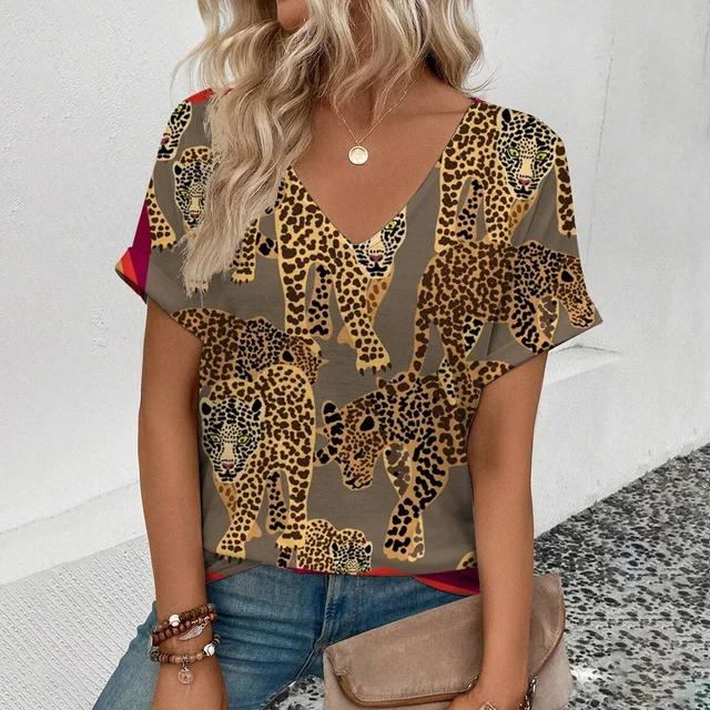 Summer Clothing V-neck Sexy Leopard 3D Print T-shirt Animal Pattern Women's Shirt Short Sleeve Street T-shirt