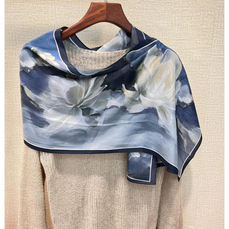 Oil painting magnolia thin silk crepe de chine scarf long scarf 100% mulberry silk summer sunscreen
