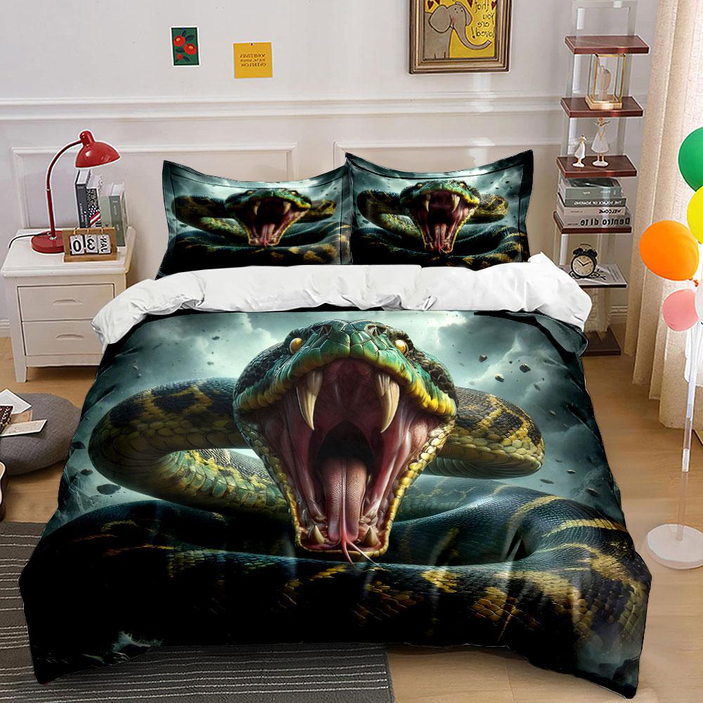 Giant serpent with open jaws Print Bedding Set 1 Duvet Cover 2 Pillowcases for Adult and Children Luxury Gift Full Size