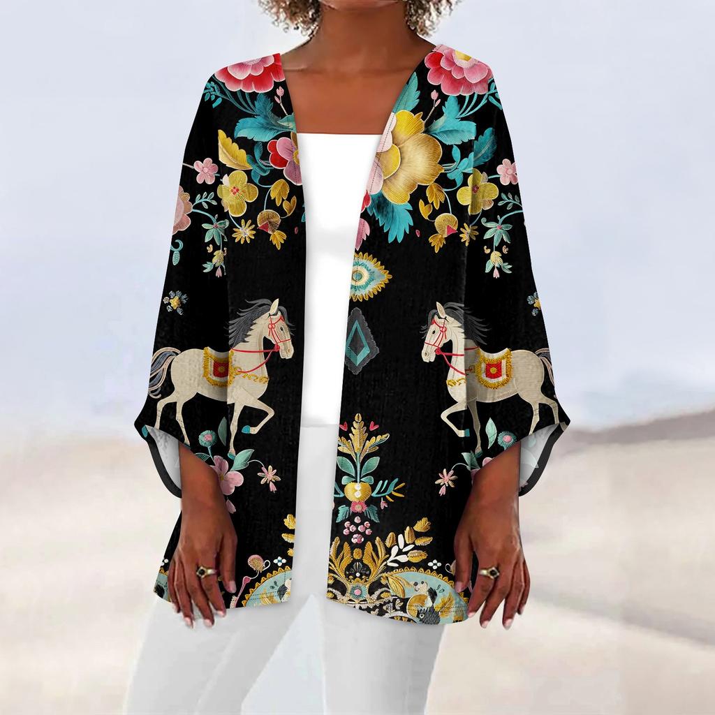 Женская повседневная модная легкая куртка средней длины с принтом в стиле ретро, ​​кардиган