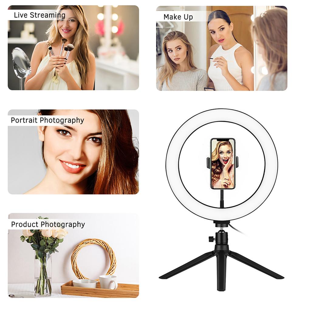 10 Inch LED Ring Light with Tripod Stand Phone Holder Remote Control 3200K-5500K Dimmable Table Camera Light Lamp 3 Light Modes 10 Brightness Level