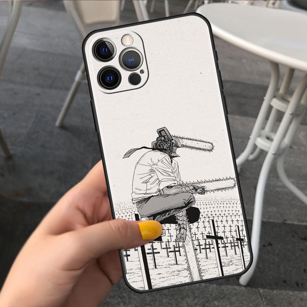 Чехол для Apple iPhone 14 11 13 7 12 Pro 7 XR XS Max 8 Plus 6 14Pro черный мягкий чехол для телефона с милым мультяшным человечком-бензопилой