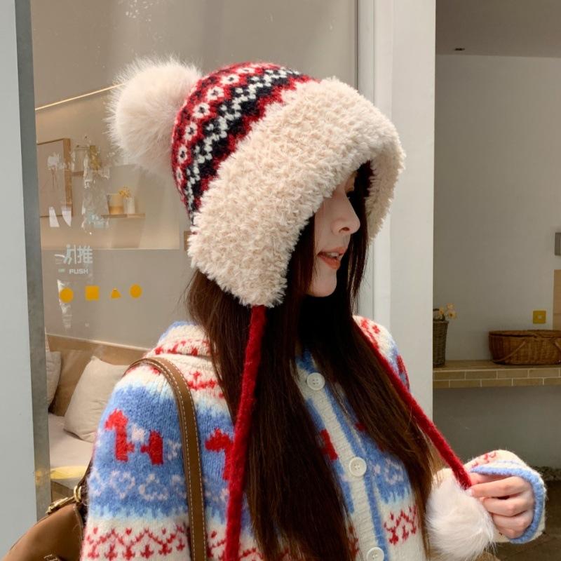 New winter thickened thermal ear protection hat women's sweet plush tether hairball knitted hat outdoor cold-proof Lei Feng hat