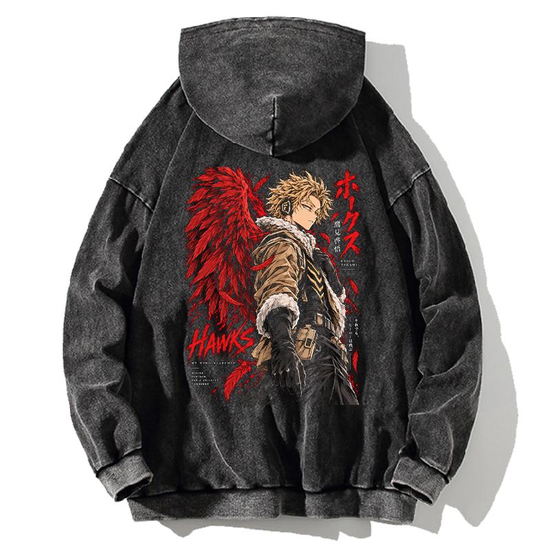 Hawks My Hero Academia Manga Hoodie Vintage Washed Oversized Streetwear Fall Winter Men Women Long Sleeve 100% Cotton Hooded Top