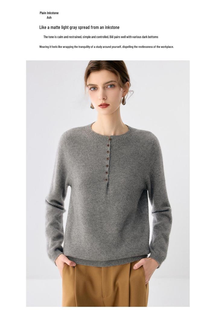 Lekasha Women's 7-Gauge Cashmere Half-Zip Round Neck Button-Up Sweater
