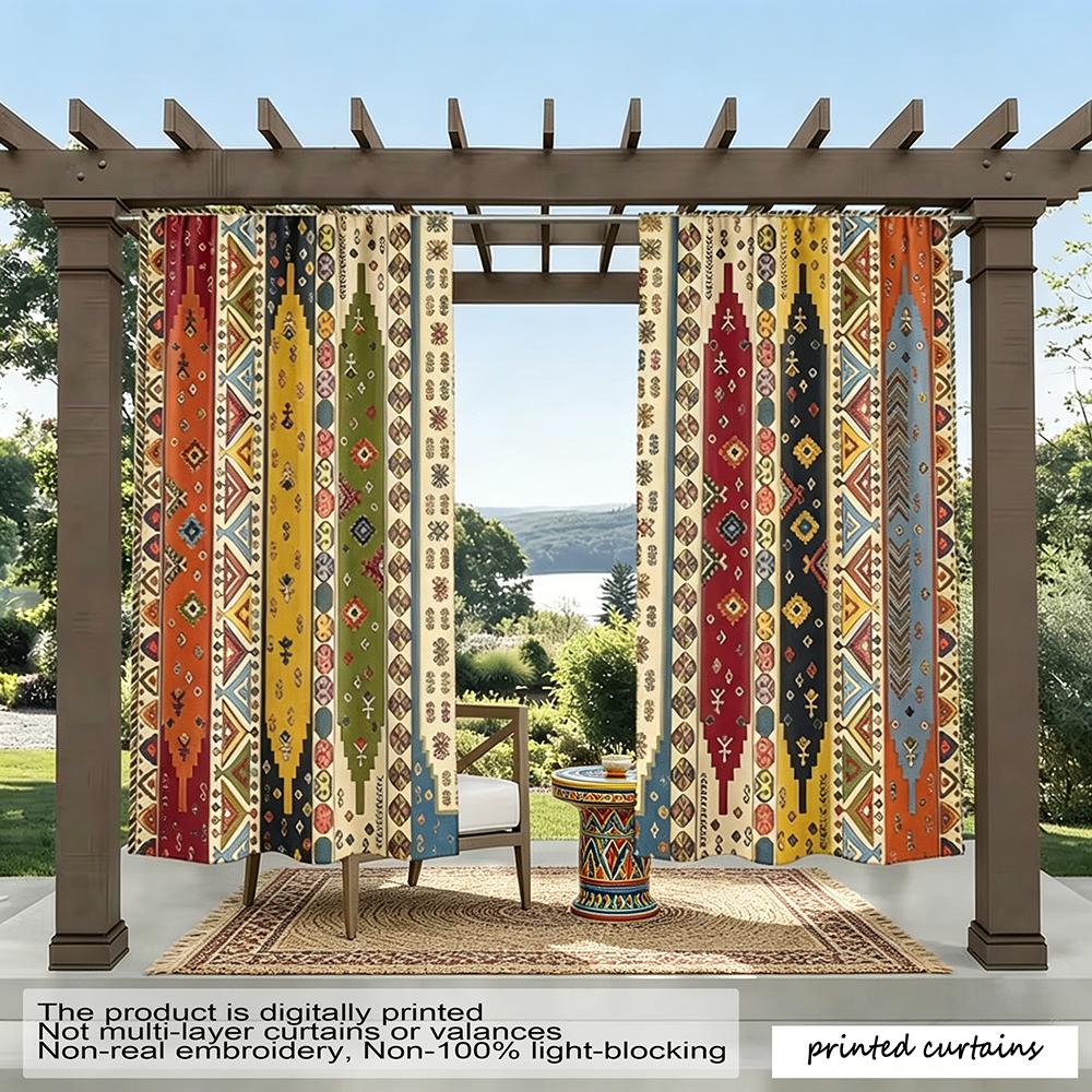 2 Pack Outdoor Patio Curtains 2D Vibrant Geometric Pattern UV Resistant Traditional Printed Decorative Drapes