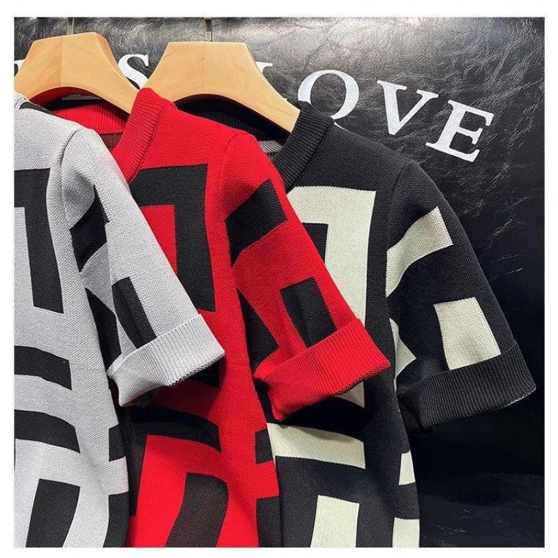 Spring and Autumn Geometric Pattern Base Shirt for Men, Slim Fit Casual Short Sleeve Knit Top