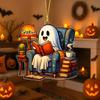 Cute Ghost Reading Book Ornament 2D Acrylic Ghost Pumpkin Window Hanging Decoration for Halloween Home Party Decor