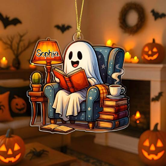 Cute Ghost Reading Book Ornament 2D Acrylic Ghost Pumpkin Window Hanging Decoration for Halloween Home Party Decor