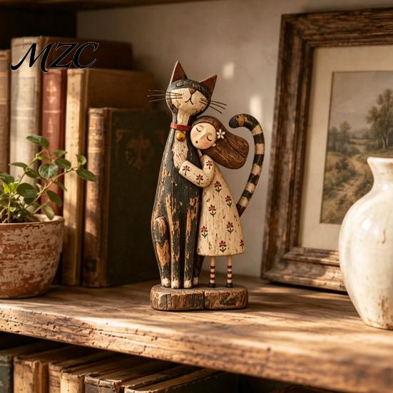 Decorative Statue for Cat And Dog Owners Girl Pet Figurine, Cat/Dog Statue, Distressed Resin Friendship Heartwarming Sculpture Home Office Decor,