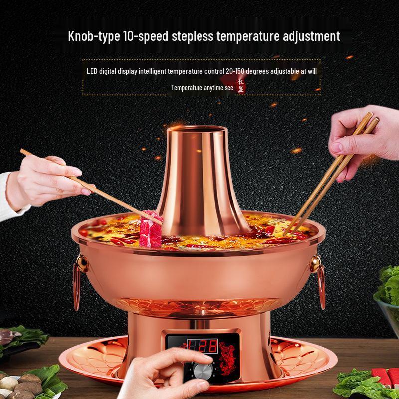 Электрическая фиолетовая медная двухфункциональная кастрюля для хот-пота: Регулируемая температура Шабу-Шабу Баранина Баранина Уголь и Подогреваемая Медная Кастрюля с Вилкой для Домашнего Использования