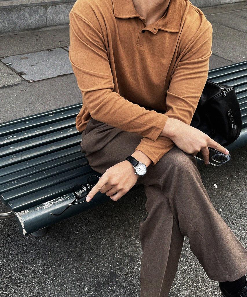 BYMONO [Plus Sizes M-8Xl] Snap-Snap Tee Classic Button Collar Automatic Tuck Long Sleeve Tee
