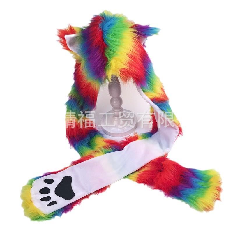 Winter Faux Fur Animal Hat Scarf Gloves 3-in-1 5-Color Striped Party Women Men