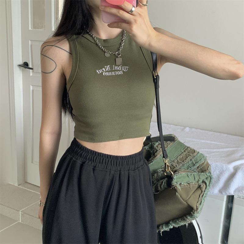 Women's Tank Top Ribbed Knitted Embroidery Letter Vest Female Summer Clothing Crop Top White Black Casual Short Tight Sport Tops
