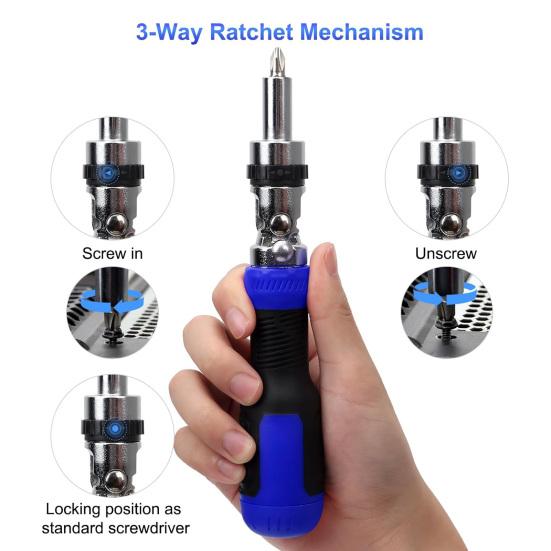 Ratchet Screwdriver with Non-Slip Handle High Strength 180-Degree Pivoting Adjustable Angle 13-in-1 Multi-functional Screwdriver
