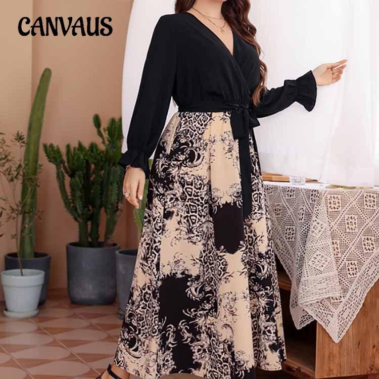 Women's Plus Size Temperament Long Dress Sheath Elastic Waist Tie Printed Sexy V-Neck Dresses
