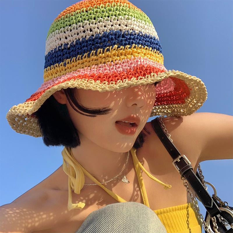 Summer Bohemian Outing Striped Straw Hat Children Sunshade Sunscreen Dome Hollow Beach Fisherman Sun Hat