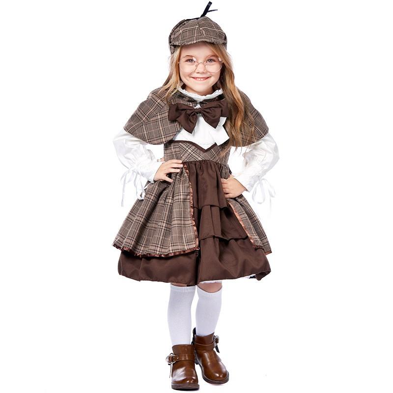 Kids Plaid Detective Dress Set British Style Cape Halloween Stage Performance Costume