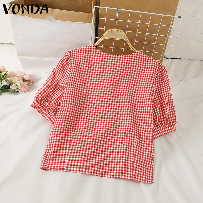VONDA Женская летняя блузка с круглым вырезом и коротким рукавом, свободная клетчатая блузка
