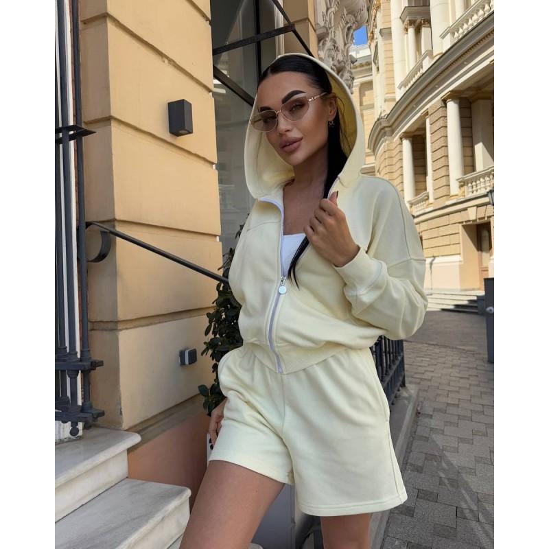 Womens Oversized Casual Lounge Set With Zipper Front Cardigan Cropped Shorts Soft Cotton-Blend Outfit