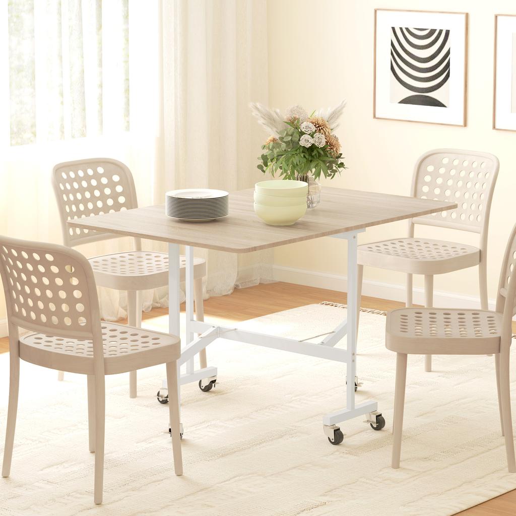 Foldable Dining Table, Suitable for up to 6 People, with 6 Casters and Brakes, for Small Spaces, Oak