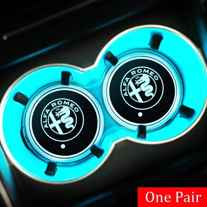 ACPXJ1 2pcs Car LED Smart Water Cup Mat USB Light Drink Holder Coaster for Alfa Romeo Logo 155 156 159 Giulia Mito Stelvio 4C GT Spider