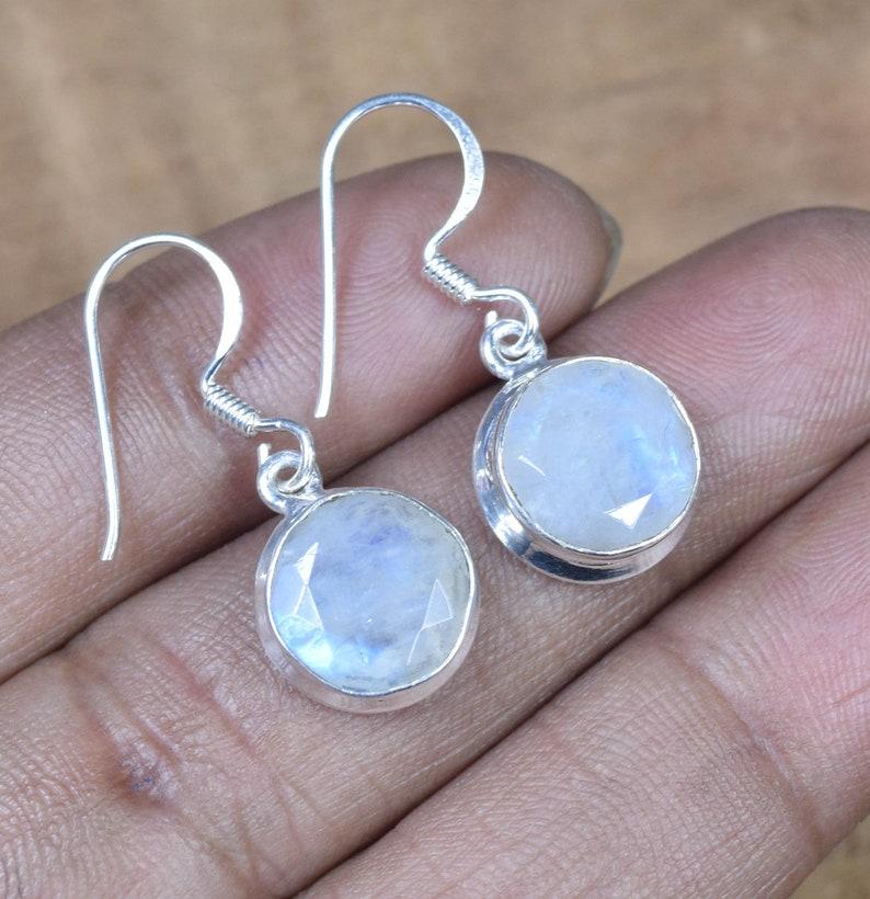 Solid 925 Sterling Silver Round moonstone Gemstone Handmade Dangle Earrings Women Earrings