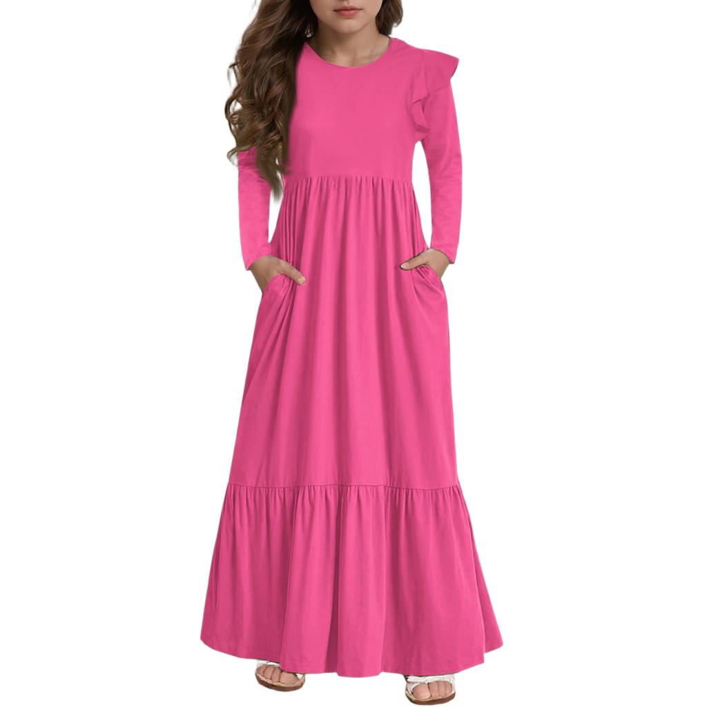 Girls' Tiered Ruffle Dress - Long Sleeve Printed Maxi With Pockets