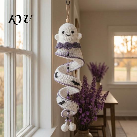 Handmade Ghost Pendant Supplies DIY Crochet Kit, Ghost/Penguin/Deer/Gingerbread Man/Pumpkin Shape, Spiral Pattern Crafting Ornament for Halloween Home