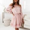 Women Summer Dress Off Shoulder Backless Ruffle Long Sleeves Pleated Patchwork Solid Color A Line Lady Prom Party Mini Dress