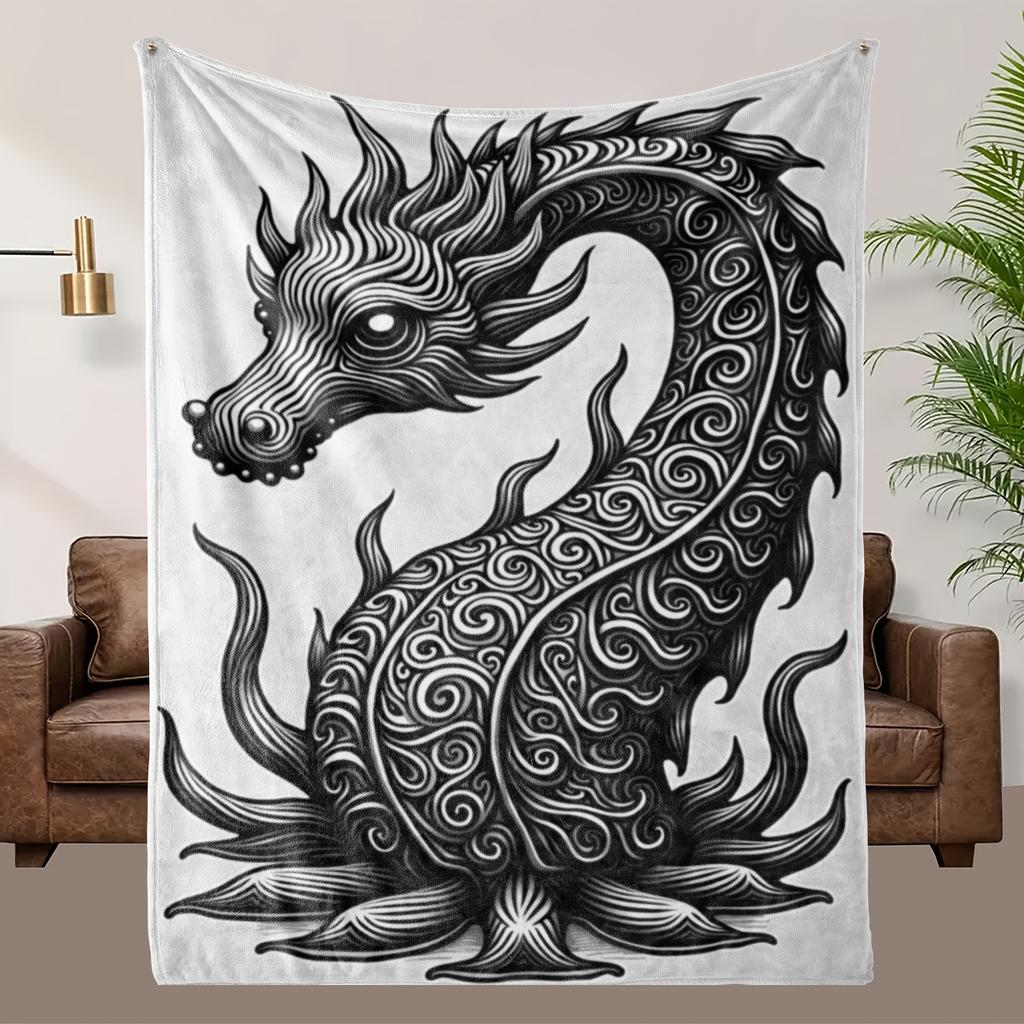 1pc Dragon Blanket - Soft Flannel Throw with Black Dragon Design, All-Season Cozy Bedspread or Couch Cover, Machine Washable
