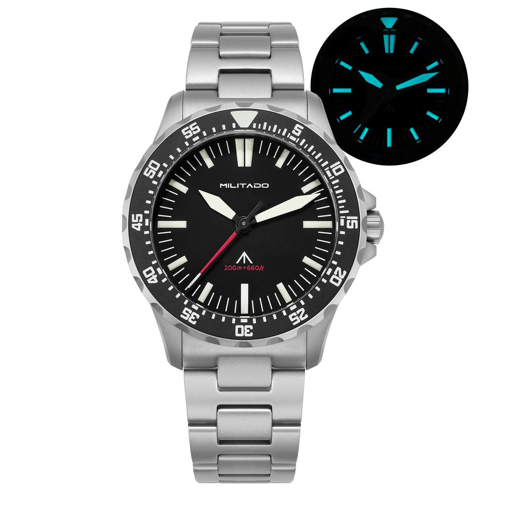 Militado ML16 39mm Quartz Dive Watch Sapphire Crystal 200M Water Resistant Ceramic Bezel BGW9 Lume Screw Down Crown