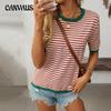 Женский летний новый повседневный джемпер с круглым вырезом в полоску цвета столкновения с короткими рукавами