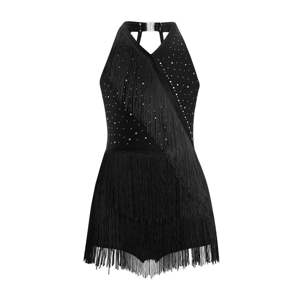 Girls Latin Dance Costume Glittery Rhinestones Fringe Leotard Halter Neck Sleeveless Strappy Back Tassel Jumpsuit