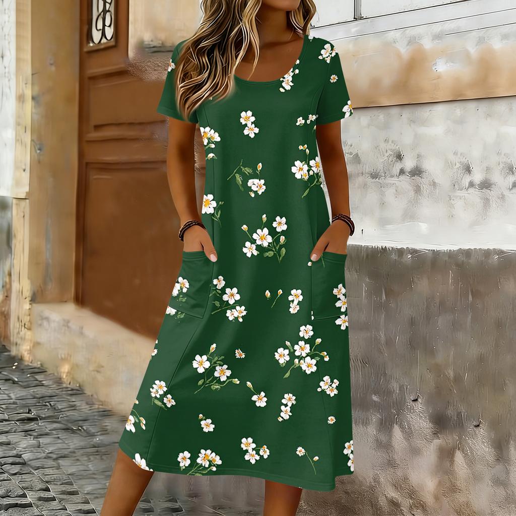 Women’s Short Sleeve Midi Dress with Maple Leaf Print Relaxed Fit Crew Neck Casual Pockets Soft Fabric Comfortable Wear