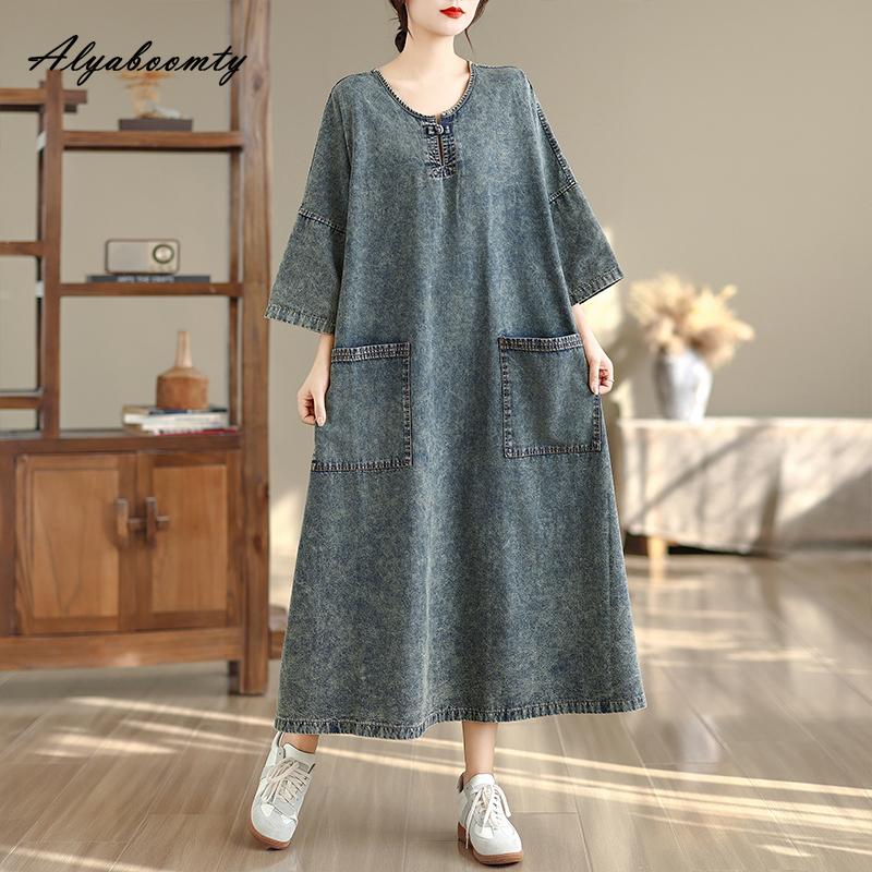 2026 Платье миди в винтажном стиле для весны и лета, женское, большого размера, повседневное, свободного кроя, оверсайз, лаконичное джинсовое платье с рукавом 3/4, платье для молодых женщин