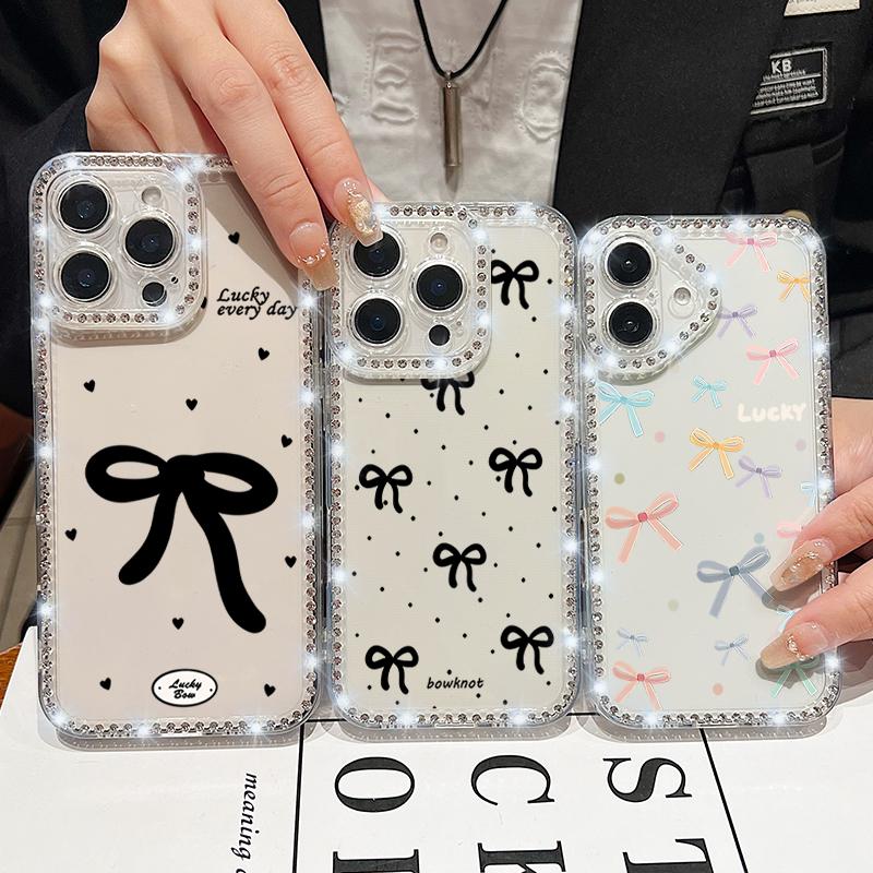 Bowknot Pattern Clear Silicone Phone Case For iPhone 16E 16 Pro Max 15 Pro 14 13 12 11 Diamond Frame Shockproof Soft Bumper Cover