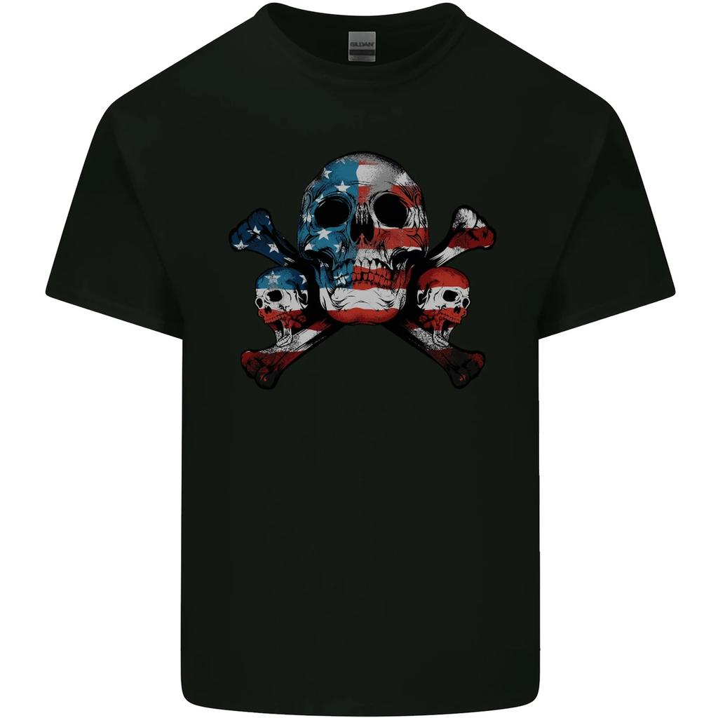 Skulls USA Flag America Biker Motorbike Kids T-Shirt Childrens