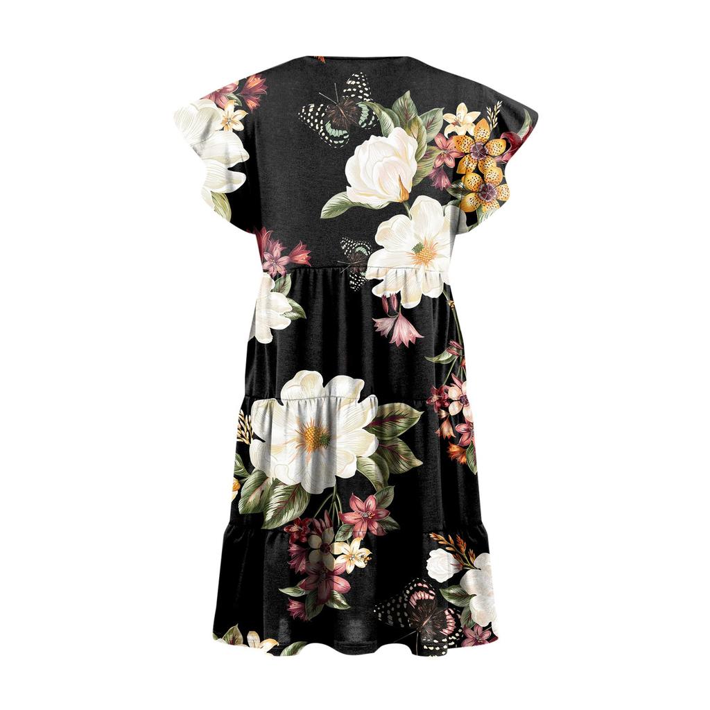 Summer Beach Dress For Women Casual Round Neck Tunic Ruffle Short Sleeve A-Line Tiered Babydoll Dress Flowy  Dress