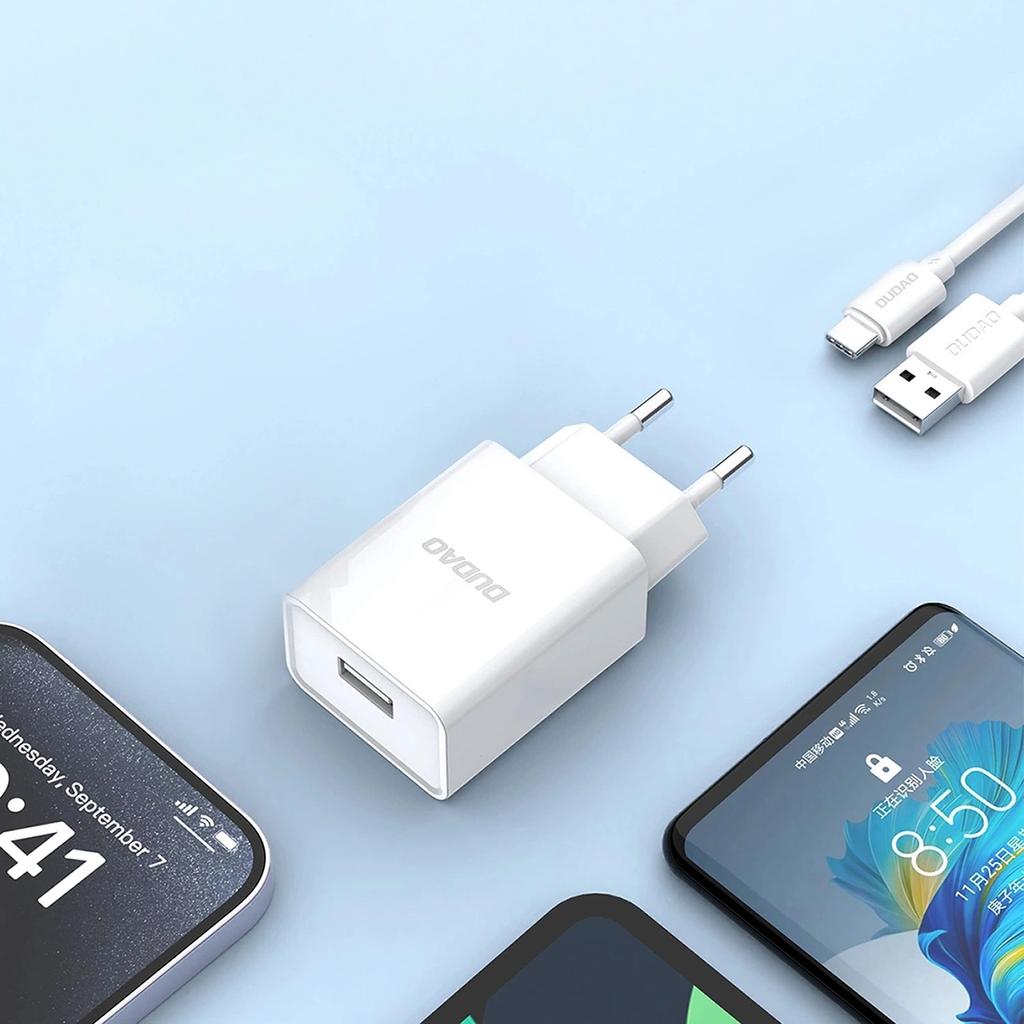 Dudao A4EU 2.1A USB Wall Charger & USB-A to USB-C Cable - White
