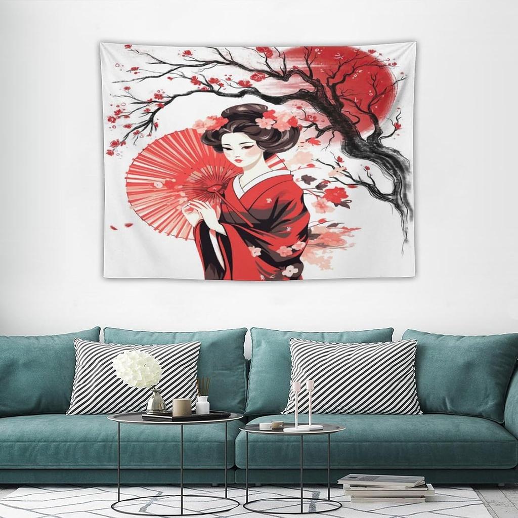 Japanese Red Geisha Tapestry Asian Cherry Blossom Traditional Kimono Folk Tapestries Home Decor Living Room Bedroom Apartment