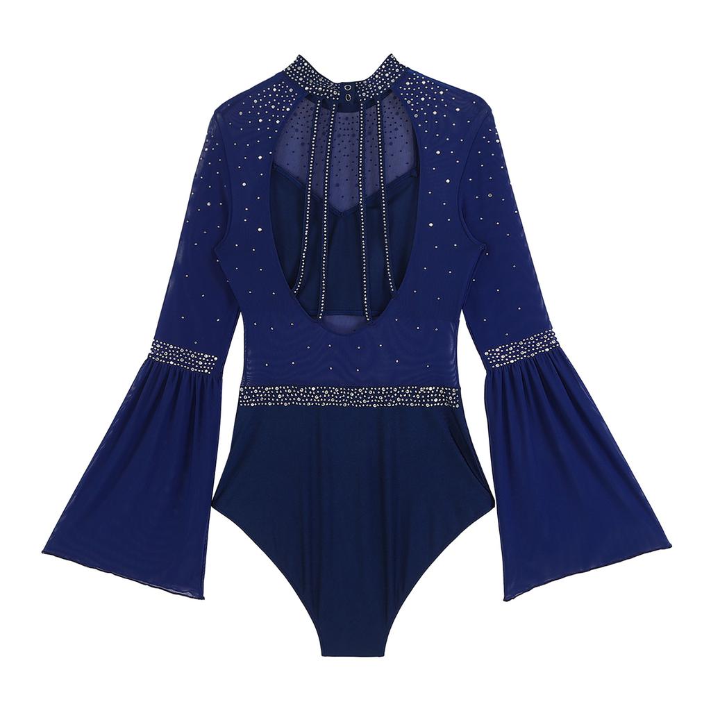 Женская лоскутная расклешенная рукава с открытой спиной, блестящая танцевальная одежда со стразами для гимнастики, джаза, латиноамериканского фигурного катания, балета
